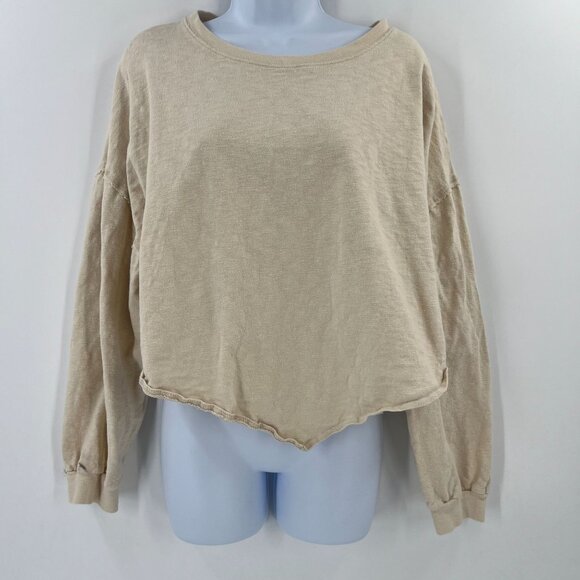 Free People Tops - FP Beach Boho Crop Top L Large Beige Slouchy High Low Hem 100% Cotton Knit